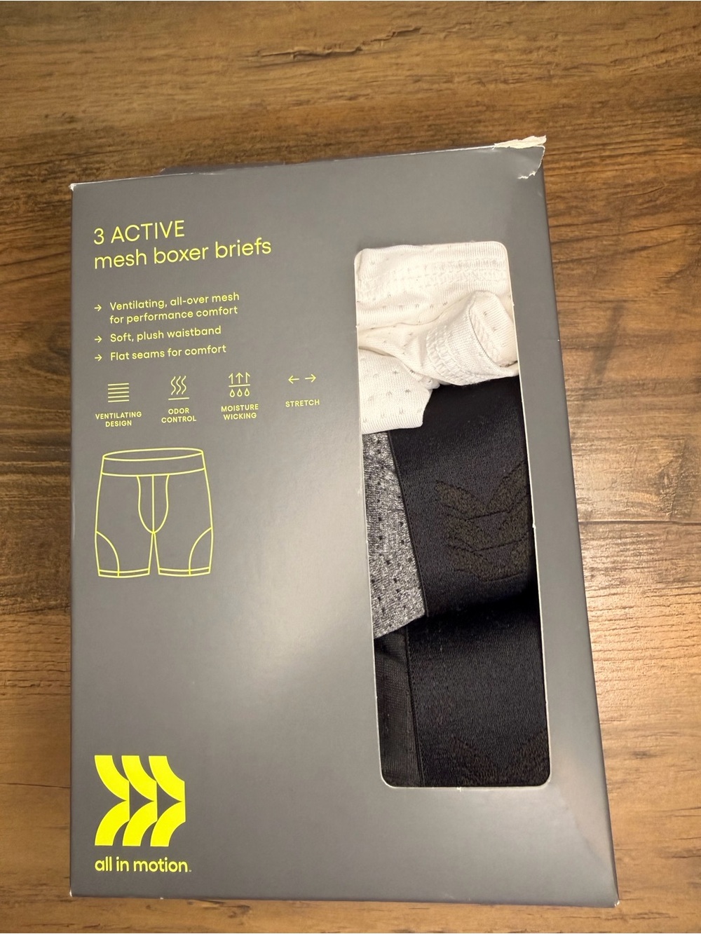 All in Motion Men’s Active Mesh Boxer Briefs 3 Pack Medium Black Gray White